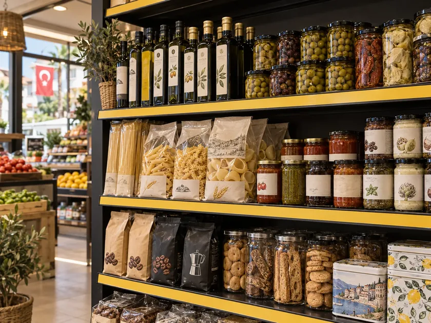 Fatih Market rafında gurme kavanoz ürünleri, makarna ve zeytinyağı