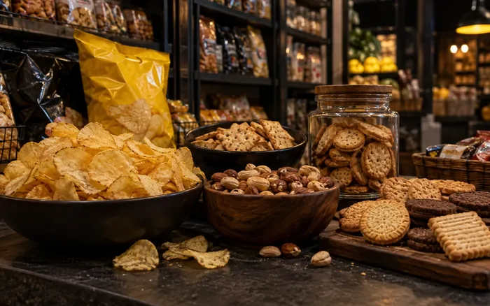 Fatih Market tezgâhında cips, kuruyemiş ve krakerler