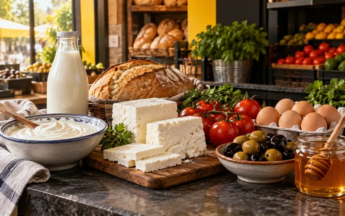 Fatih Market'te peynir, yoğurt, yumurta, domates ve zeytin