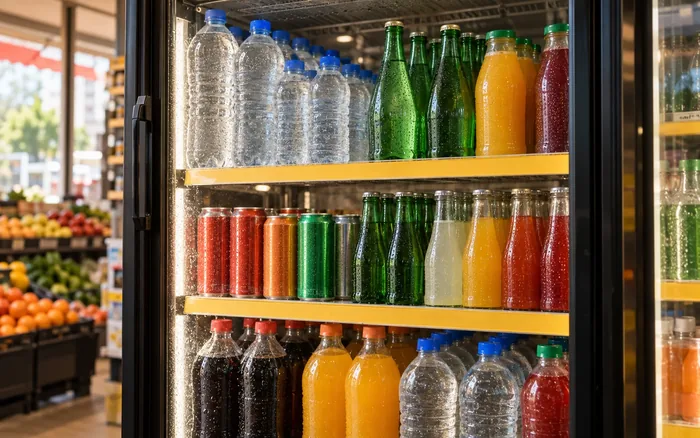 Fatih Market soğuk içecek dolabında su, soda ve meyve suları
