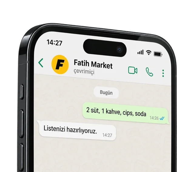 Fatih Market ile WhatsApp sipariş konuşmasını gösteren telefon maketi